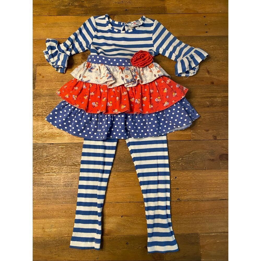 Counting Daisies 3T girls ruffle dress leggings outfit red white blue floral